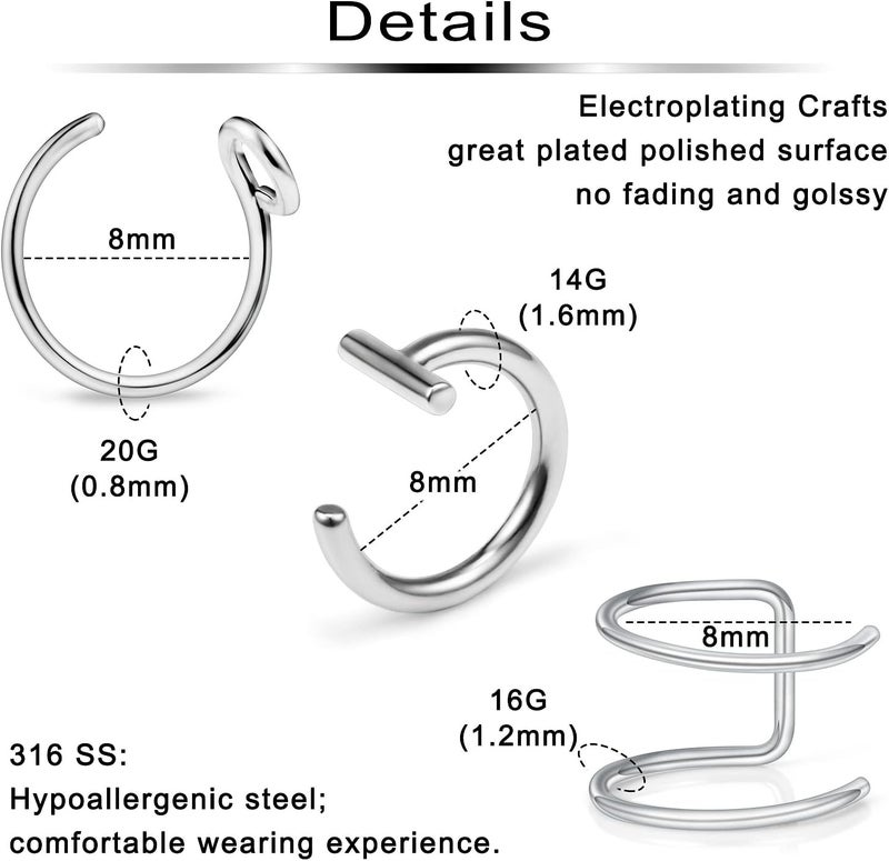 Ftovosyo Fake Lip Rings T Shaped Stainless Steel Gothic Clip on Non Piercing Nose Ring Double Cartilage Helix Earrings Ear Cuff for Women Men - Image 2